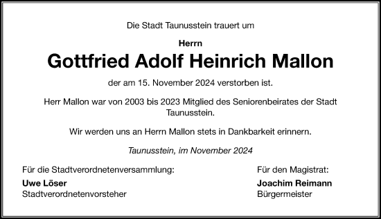 Traueranzeige von Gottfried Adolf Heinrich Mallon von Idsteiner Land/Untertaunus