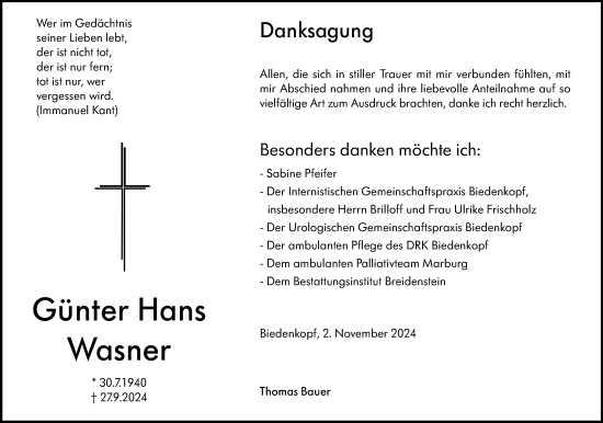 Traueranzeige von Günter Hans Wasner von Hinterländer Anzeiger