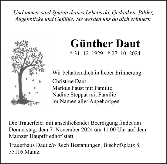 Traueranzeige von Gunther Daut von Allgemeine Zeitung Mainz