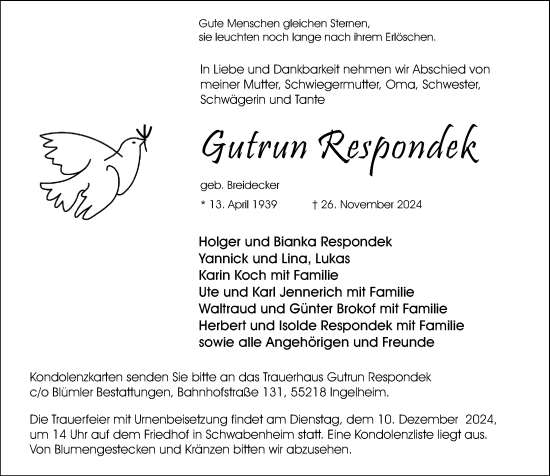Traueranzeige von Gutrun Respondek von Allgemeine Zeitung Rheinhessen-Nahe