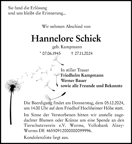 Traueranzeige von Hannelore Schiek von Wormser Zeitung