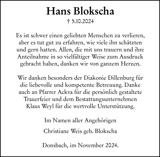 Traueranzeige von Hans Blokscha von Dill Block