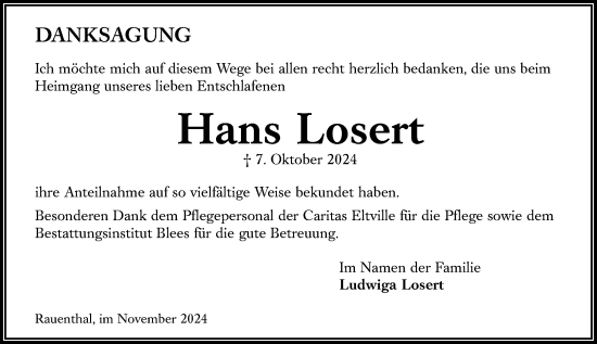 Traueranzeige von Hans Losert von Rheingau Kurier