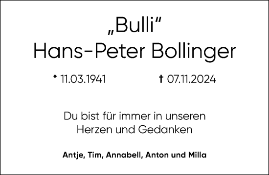 Traueranzeige von Hans-Peter Bollinger von Wiesbadener Kurier