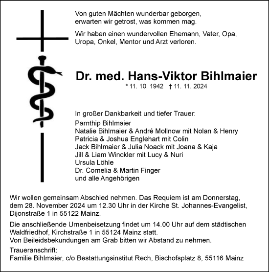 Traueranzeige von Hans-Viktor Bihlmaier von Allgemeine Zeitung Mainz
