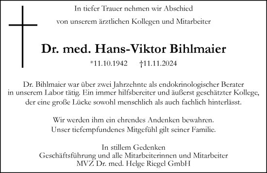 Traueranzeige von Hans-Viktor Bihlmayer von Wiesbadener Kurier