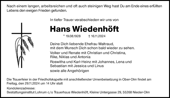 Traueranzeige von Hans Wiedenhöft von Allgemeine Zeitung Mainz
