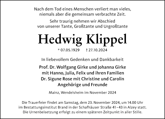 Traueranzeige von Hedwig Klippel von Allgemeine Zeitung Alzey