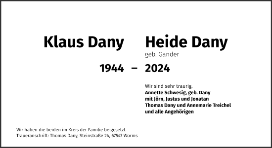 Traueranzeige von Heide Dany von Wormser Zeitung