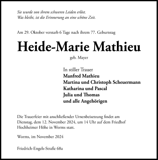 Traueranzeige von Heide-Marie Mathieu von Wormser Zeitung