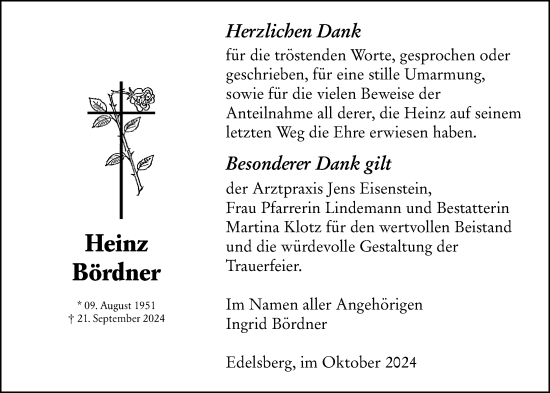 Traueranzeige von Heinz Bördner von Weilburger Tageblatt