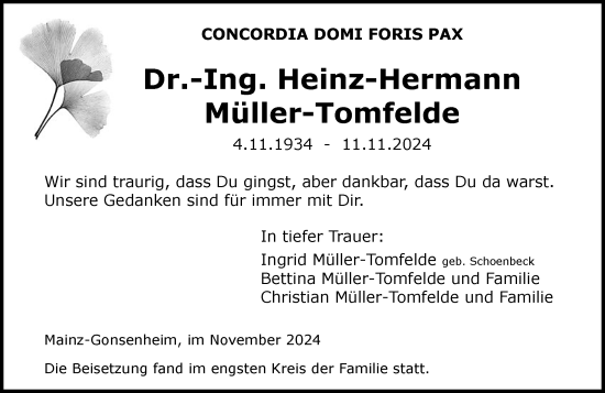 Traueranzeige von Heinz-Hermann Müller-Tomfelde von Allgemeine Zeitung Mainz