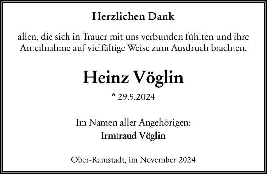 Traueranzeige von Heinz Vöglin von Darmstädter Echo