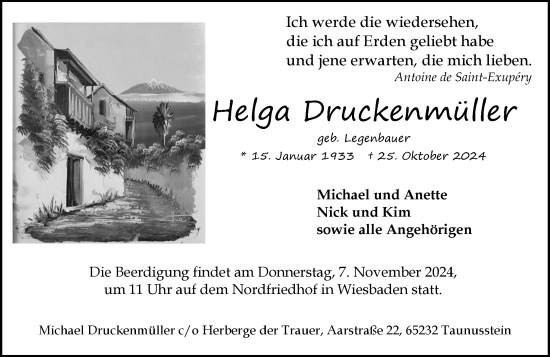 Traueranzeige von Helga Druckenmüller von Wiesbadener Kurier