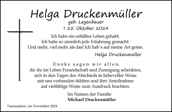 Traueranzeige von Helga Druckenmüller von Wiesbadener Kurier