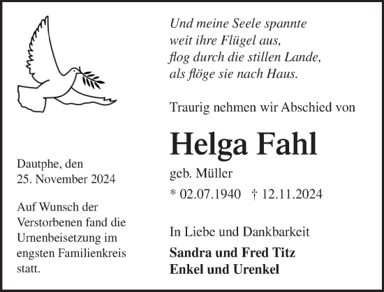 Traueranzeige von Helga Fahl von Hinterländer Anzeiger