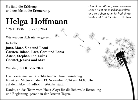 Traueranzeige von Helga Hoffmann von Wetzlarer Neue Zeitung