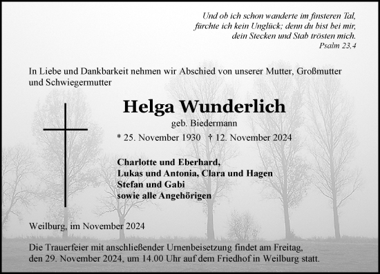 Traueranzeige von Helga Wunderlich von Weilburger Tageblatt