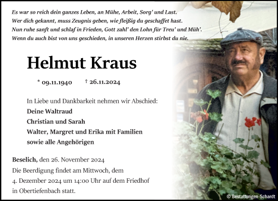 Traueranzeige von Helmut Kraus von Nassauische Neue Presse