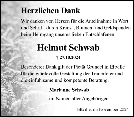 Traueranzeige von Helmut Schwab von Rheingau Kurier