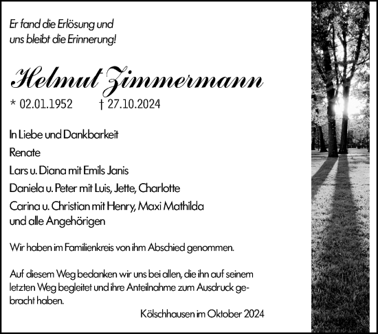 Traueranzeige von Helmut Zimmermann von Wetzlarer Neue Zeitung