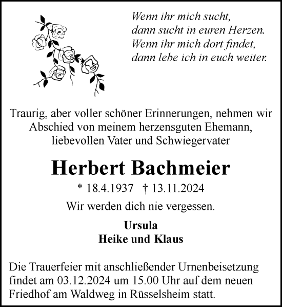 Traueranzeige von Herbert Bachmeier von Rüsselsheimer Echo