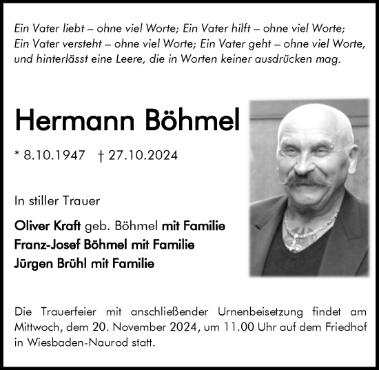 Traueranzeige von Hermann Böhhmel von Wiesbadener Kurier