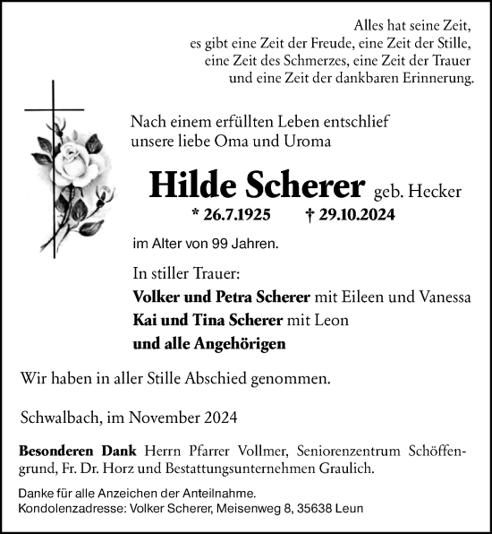 Traueranzeige von Hilde Scherer von Wetzlarer Neue Zeitung