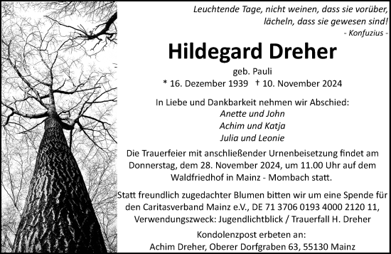 Traueranzeige von Hildegard Dreher von Allgemeine Zeitung Mainz