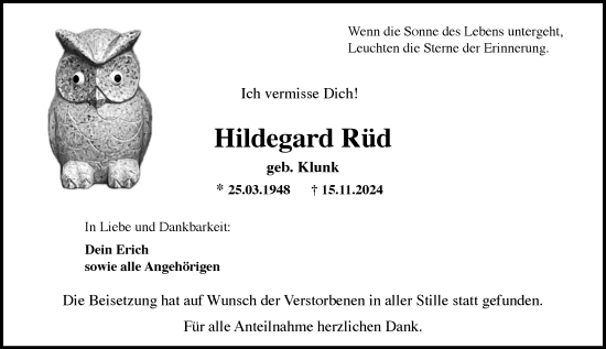 Traueranzeige von Hildegard Rüd von Wiesbadener Kurier