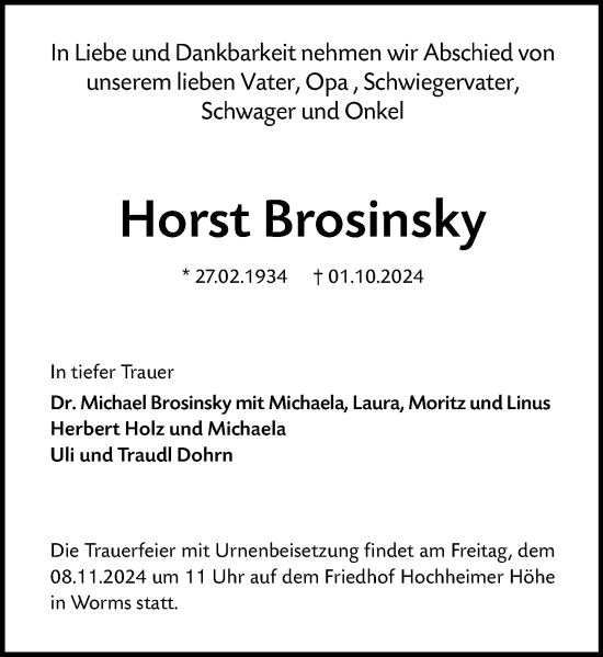 Traueranzeige von Horst Brosinsky von Wormser Zeitung