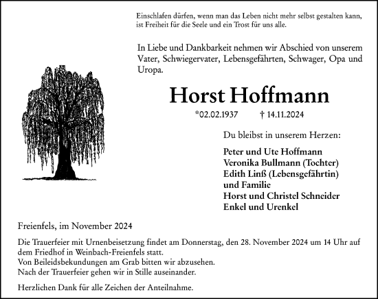 Traueranzeige von Horst Hoffmann von Weilburger Tageblatt