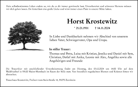 Traueranzeige von Horst Krostewitz von Allgemeine Zeitung Mainz