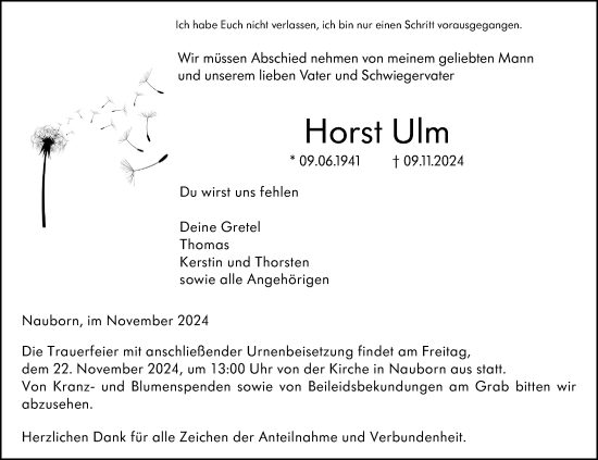 Traueranzeige von Horst Ulm von Wetzlarer Neue Zeitung