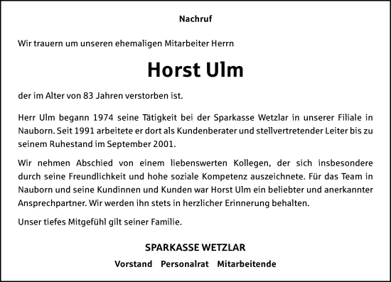 Traueranzeige von Horst Ulm von Wetzlarer Neue Zeitung