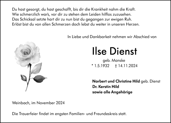 Traueranzeige von Ilse Dienst von Weilburger Tageblatt