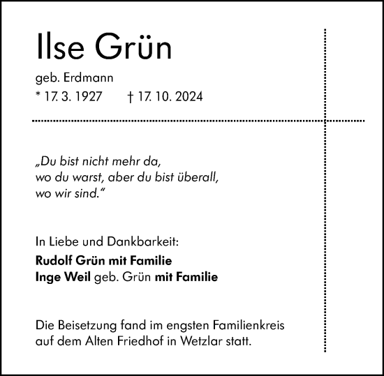 Traueranzeige von Ilse Grün von Wetzlarer Neue Zeitung