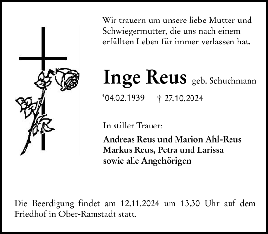 Traueranzeige von Inge Reus von Darmstädter Echo