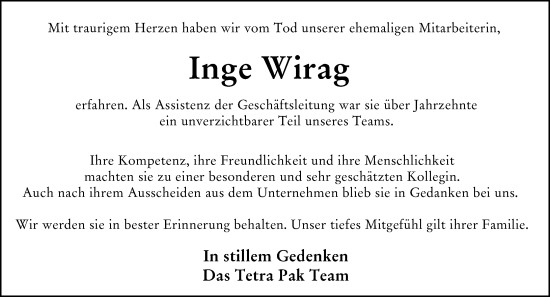 Traueranzeige von Ingeborg Wirag von Hochheimer Zeitung