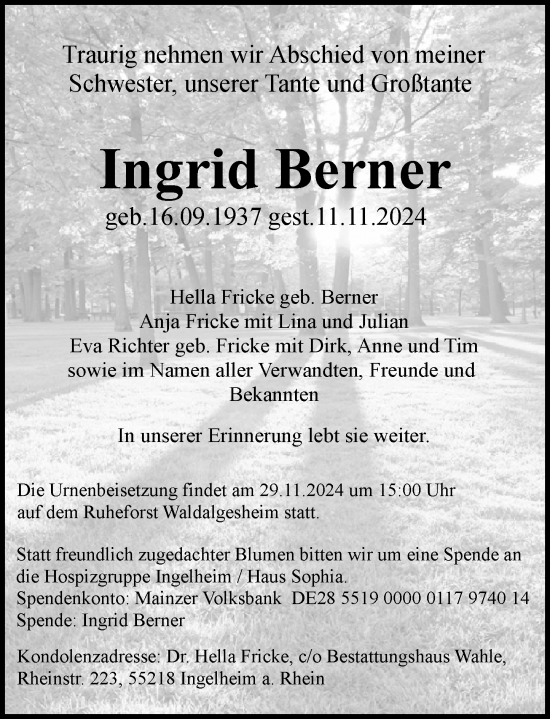 Traueranzeige von Ingrid Berner von Allgemeine Zeitung Rheinhessen-Nahe