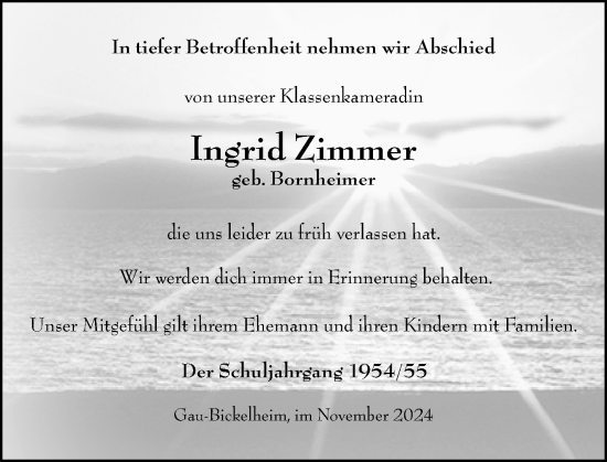 Traueranzeige von Ingrid Zimmer von Allgemeine Zeitung Alzey