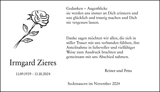 Traueranzeige von Irmgard Zieres von Odenwälder Echo