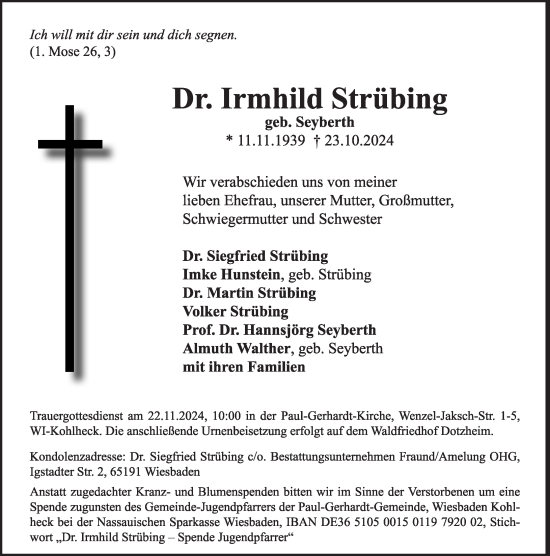Traueranzeige von Irmhild Strübing von Wiesbadener Kurier