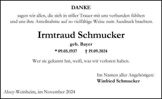 Traueranzeige von Irmtraud Schmucker von Allgemeine Zeitung Alzey