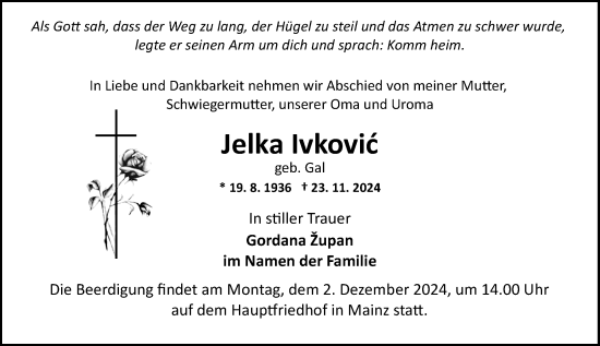 Traueranzeige von Jelka Ivkovic von Allgemeine Zeitung Mainz