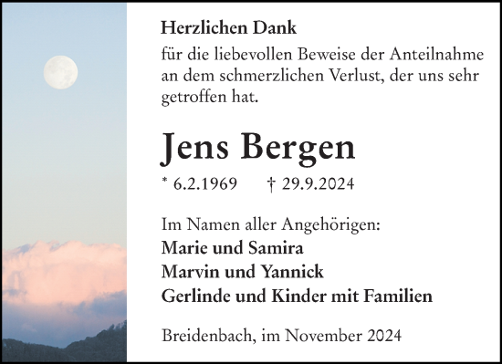 Traueranzeige von Jens Bergen von Hinterländer Anzeiger