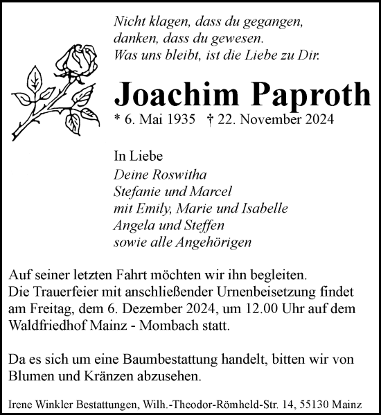 Traueranzeige von Joachim Paproth von Allgemeine Zeitung Mainz