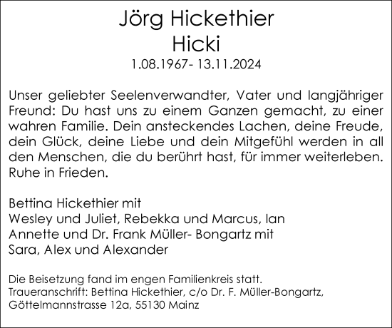 Traueranzeige von Jörg Hickethier von Allgemeine Zeitung Mainz