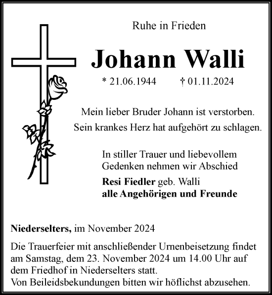 Traueranzeige von Johann Walli von Camberger Anzeiger