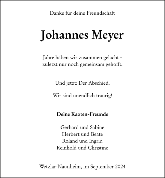 Traueranzeige von Johannes Meyer von Wetzlarer Neue Zeitung
